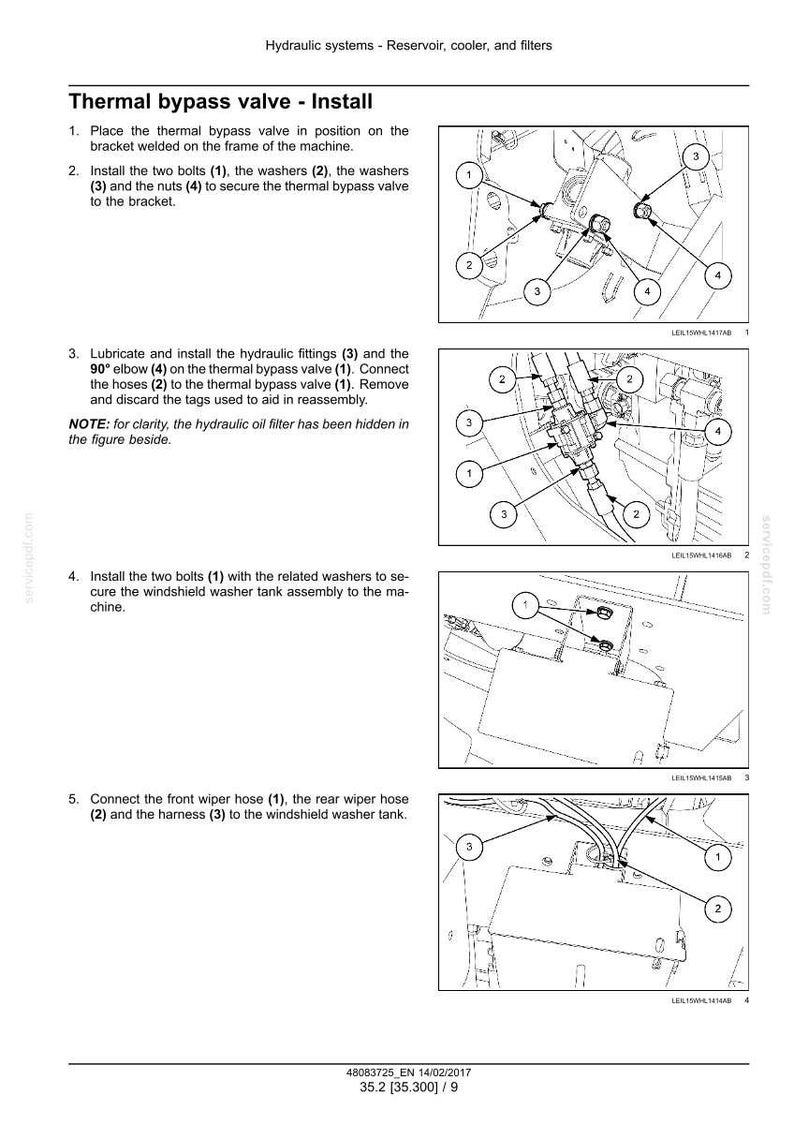 May include: Diagram of hydraulic system components, including a thermal bypass valve, bolts, washers, and hoses. Instructions detail the installation process, with numbered parts and labels for clarity. The image is a technical illustration.
