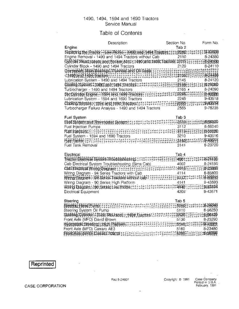 May include: A service manual for 1490, 1494, 1594, and 1690 tractors. The table of contents lists engine, fuel, electrical, and steering system topics. Published by Case Corporation in 1991.
