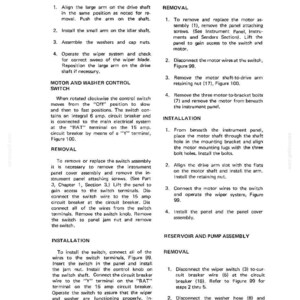 Op de afbeelding: Een pagina uit een handleiding met de titel "HOOFDSTUK 5" en instructies voor motorassemblage, verwijdering en installatie. De tekst bevat diagrammen en stappen voor voertuigonderhoud, met de tekst "Printed In U.S.A.-3/75" onderaan.
