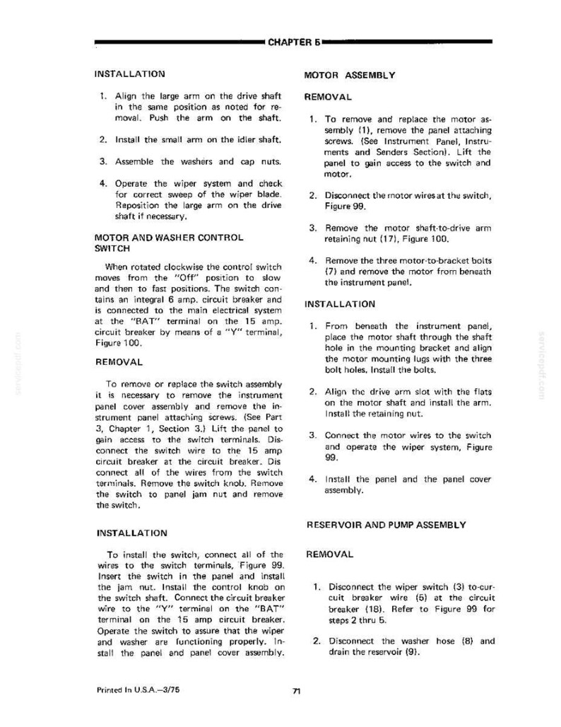 Op de afbeelding: Een pagina uit een handleiding met de titel "HOOFDSTUK 5" en instructies voor motorassemblage, verwijdering en installatie. De tekst bevat diagrammen en stappen voor voertuigonderhoud, met de tekst "Printed In U.S.A.-3/75" onderaan.