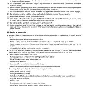 May include: A page from a manual with the title "INTRODUCTION" at the top. The text provides safety instructions for operating machinery, including warnings about moving parts, hydraulic systems, and potential hazards.