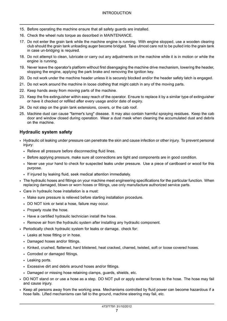 May include: A page from a manual with the title "INTRODUCTION" at the top. The text provides safety instructions for operating machinery, including warnings about moving parts, hydraulic systems, and potential hazards.