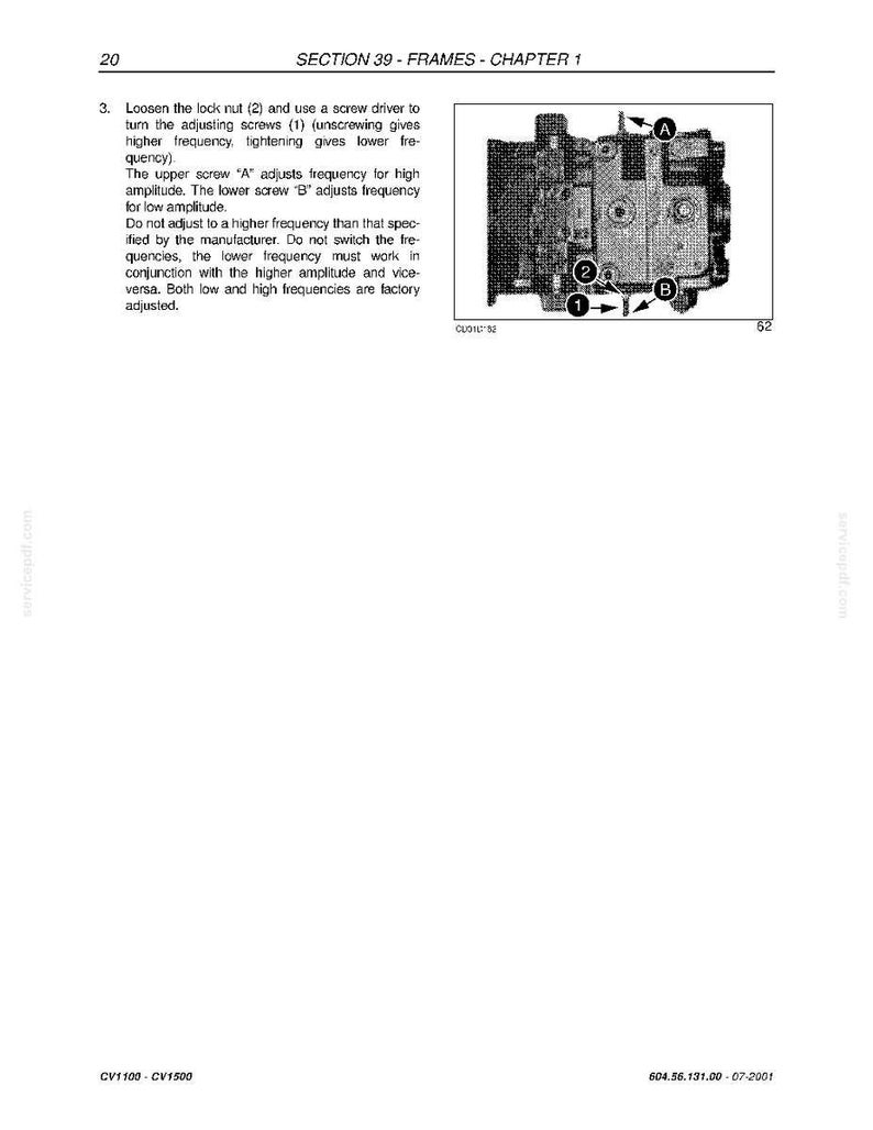 May include: Page from a manual with text and a diagram of a mechanical component. The text describes adjusting screws labeled A and B, and a lock nut. The diagram shows the component with numbered and lettered labels.