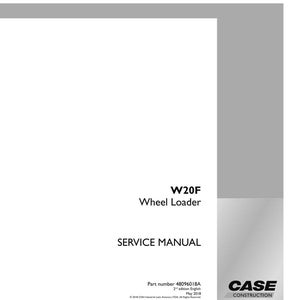 Puede incluir: Manual de servicio blanco para una cargadora de ruedas W20F. La portada incluye el texto &laquo;SERVICE MANUAL&raquo;, el nombre del modelo y el logotipo de Case Construction. El n&uacute;mero de pieza es 48096018A.