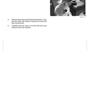May include: Diagram from a manual showing steps for removing a motor from a machine. The image includes a close-up of a mechanical component with a bolt and hose, and numbered instructions.