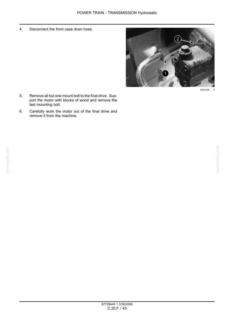 May include: Diagram from a manual showing steps for removing a motor from a machine. The image includes a close-up of a mechanical component with a bolt and hose, and numbered instructions.