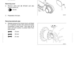 K&ouml;nnte beinhalten: Eine technische Handbuchseite mit dem Titel TRAVEL DEVICE E385B, die schwarz-wei&szlig;e Strichzeichnungen von Maschinenkomponenten zeigt, darunter ein Raupenrahmen, eine Abdeckung und Hydraulikrohre, zusammen mit Anweisungen.