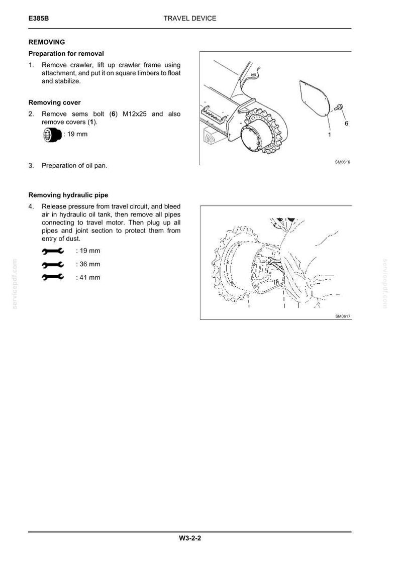 K&ouml;nnte beinhalten: Eine technische Handbuchseite mit dem Titel TRAVEL DEVICE E385B, die schwarz-wei&szlig;e Strichzeichnungen von Maschinenkomponenten zeigt, darunter ein Raupenrahmen, eine Abdeckung und Hydraulikrohre, zusammen mit Anweisungen.