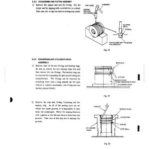 Op de afbeelding: Een pagina uit een technisch handboek met de titels 2.2.3 DISASSEMBLING PISTON ASSEMBLY en 2.2.4 DISASSEMBLING CYLINDER HEAD ASSEMBLY. Het bevat drie diagrammen, Fig. 18, Fig. 19 en Fig. 20, die het verwijderen van afdichtingen en ringen tonen.