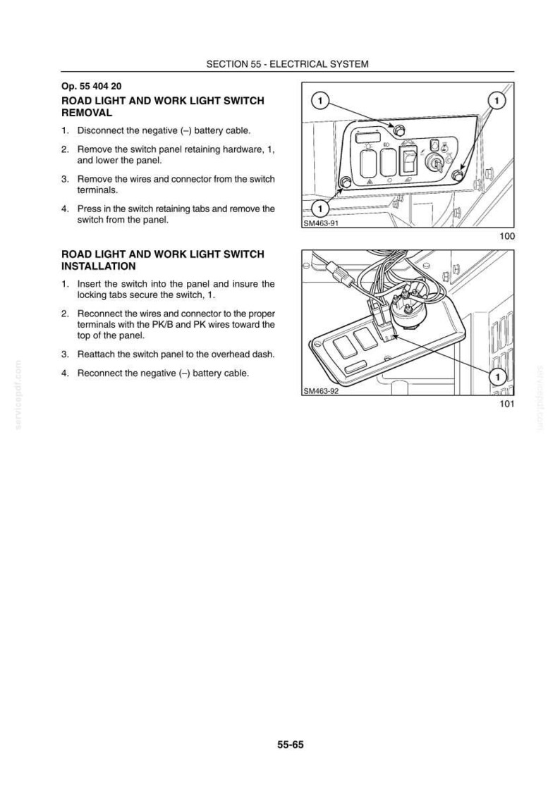 May include: Diagram of an electrical system with instructions for removing and installing a road light and work light switch. The image includes close-ups of the switch panel and wiring connections, with labels and numbers for reference.