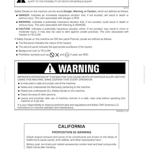 May include: A white document detailing safety information, including definitions for "Danger," "Warning," and "Caution." It features a "Warning" symbol and text about safe machine operation, plus a California Proposition 65 warning.