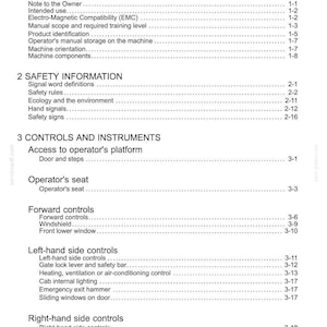 May include: A page from a manual titled "Contents" with a list of topics including "General Information," "Safety Information," and "Controls and Instruments." The text is black on a white background.