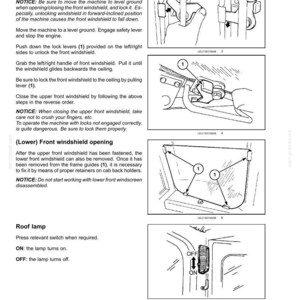 May include: Diagrams showing machine controls and instruments. Instructions detail opening the front windscreen, with close-ups of locking mechanisms and lever positions. Also shows the roof lamp switch.