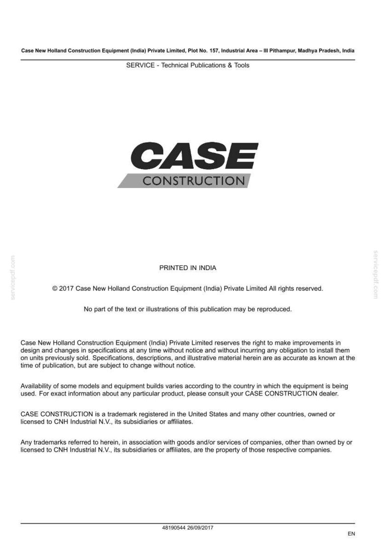 May include: A printed document featuring the "CASE CONSTRUCTION" logo in bold black letters with a gray banner. The document includes text about Case New Holland Construction Equipment (India) Private Limited.