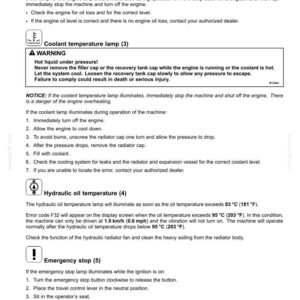 Puede incluir: Una p&aacute;gina de un manual que detalla los controles e instrumentos del motor. Las secciones incluyen la presi&oacute;n del aceite del motor, la temperatura del refrigerante, la temperatura del aceite hidr&aacute;ulico y los procedimientos de parada de emergencia. Incluye advertencias e instrucciones.