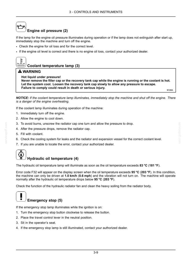 Puede incluir: Una p&aacute;gina de un manual que detalla los controles e instrumentos del motor. Las secciones incluyen la presi&oacute;n del aceite del motor, la temperatura del refrigerante, la temperatura del aceite hidr&aacute;ulico y los procedimientos de parada de emergencia. Incluye advertencias e instrucciones.