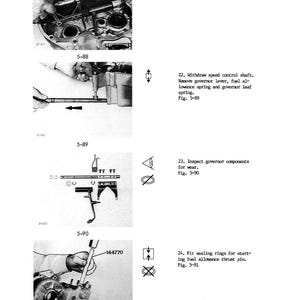 May include: A manual page with black and white diagrams detailing engine repair procedures. The illustrations depict hands manipulating engine parts, accompanied by text labels and part numbers. The page provides instructions for removing screws, shafts, and inspecting components.