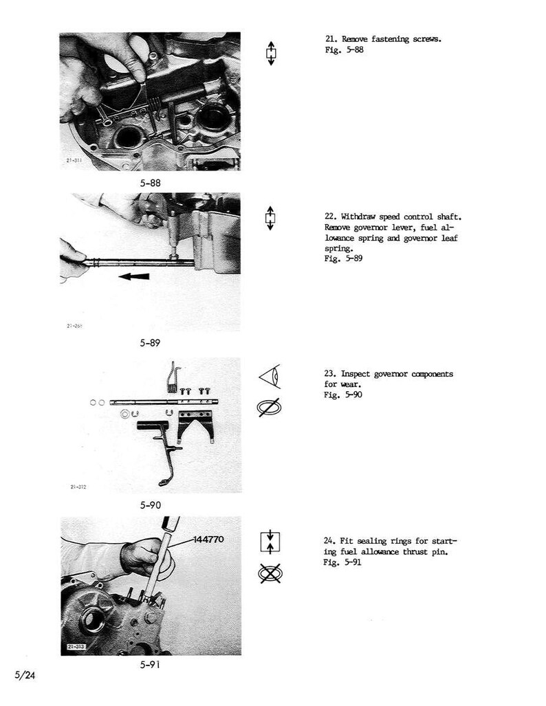 May include: A manual page with black and white diagrams detailing engine repair procedures. The illustrations depict hands manipulating engine parts, accompanied by text labels and part numbers. The page provides instructions for removing screws, shafts, and inspecting components.