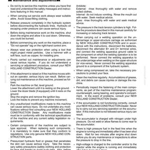 May include: A page from a New Holland Construction manual titled 2-SAFETY INFORMATION. The text provides detailed maintenance and adjustment safety instructions, including warnings about hydraulic systems, welding, and high-pressure fuel lines.