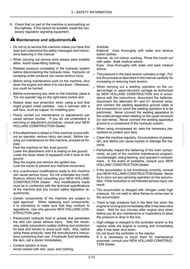 May include: A page from a New Holland Construction manual titled 2-SAFETY INFORMATION. The text provides detailed maintenance and adjustment safety instructions, including warnings about hydraulic systems, welding, and high-pressure fuel lines.