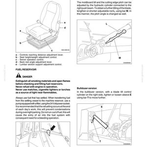 May include: A technical manual page titled DC180 Power Steering, featuring diagrams of a machine seat with adjustment controls, a blade adjustment mechanism with rods L and M, a fuel reservoir warning, and a bulldozer blade tilt control with sleeve E and bar T.