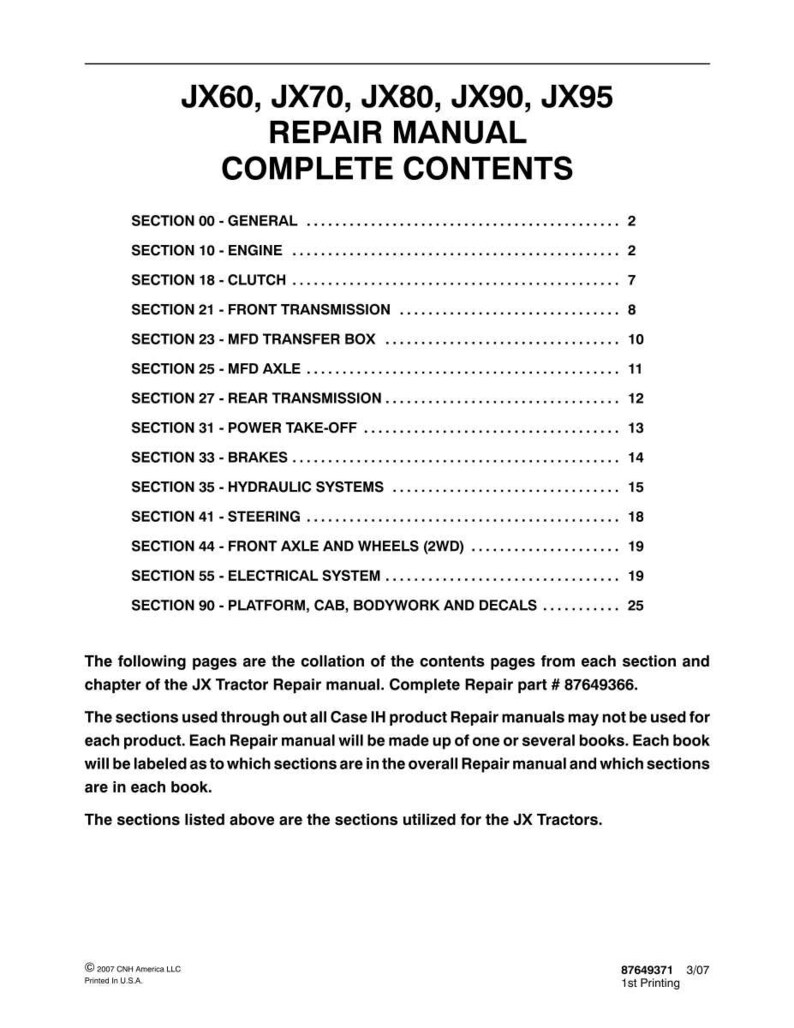 May include: A repair manual for JX60, JX70, JX80, JX90, and JX95 tractors. The cover displays the title "REPAIR MANUAL COMPLETE CONTENTS" in bold, black text. The table of contents lists sections such as Engine, Clutch, and Brakes.
