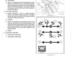 May include: A technical diagram labeled 3-CONTROLS AND INSTRUMENTS showing a three-function valve with three control levers. It includes numbered illustrations of the levers and a chart with letters A through I indicating bucket, lift arm, and auxiliary control functions.