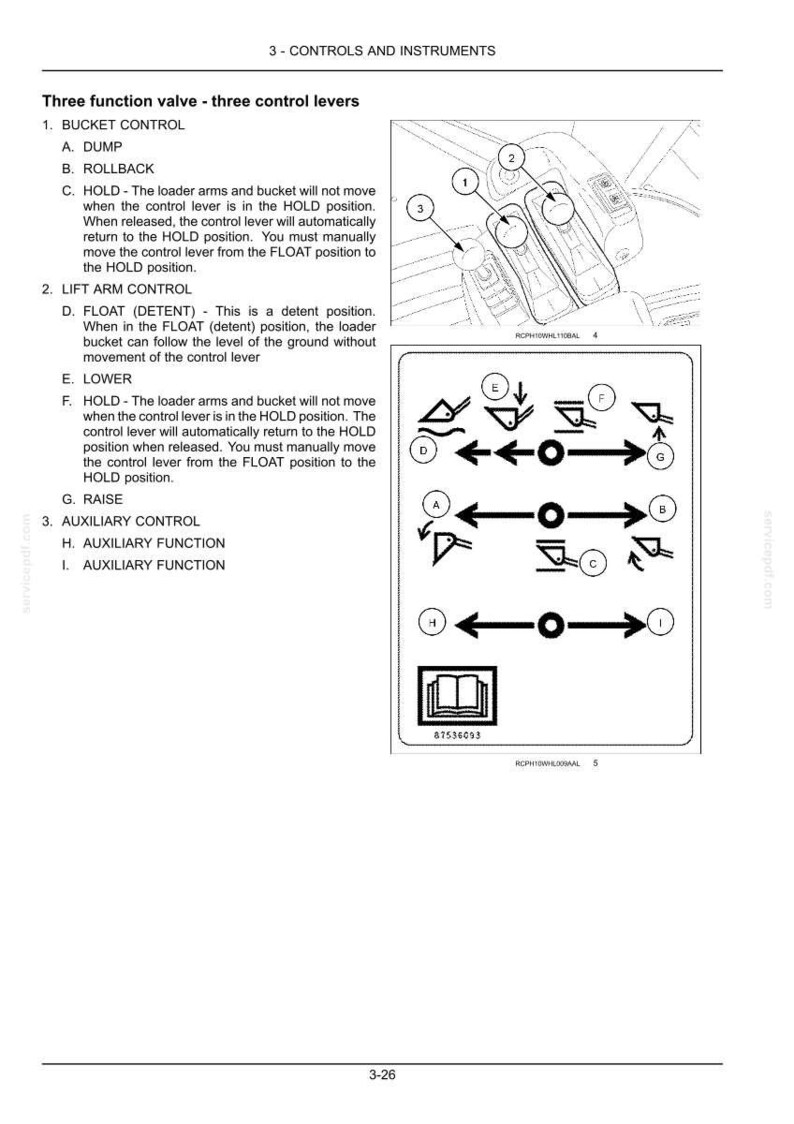May include: A technical diagram labeled 3-CONTROLS AND INSTRUMENTS showing a three-function valve with three control levers. It includes numbered illustrations of the levers and a chart with letters A through I indicating bucket, lift arm, and auxiliary control functions.