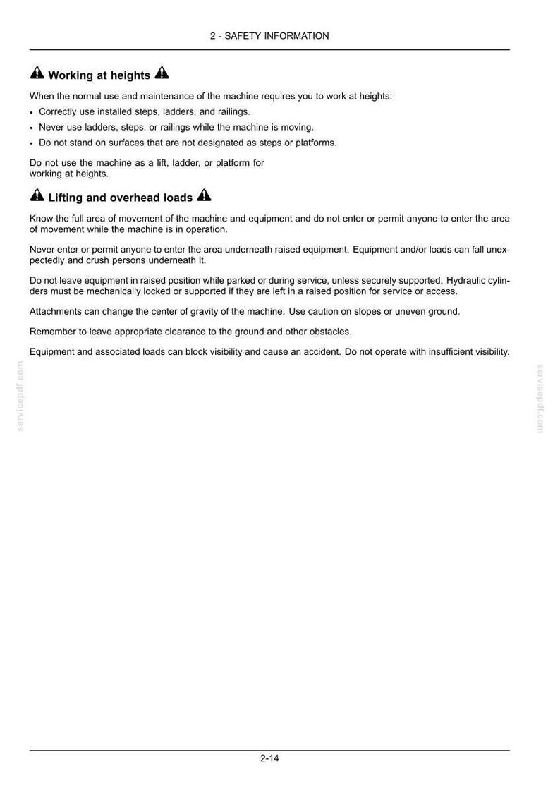 Puede incluir: Una p&aacute;gina de un manual de seguridad con el t&iacute;tulo "2 - INFORMACI&Oacute;N DE SEGURIDAD". El texto incluye advertencias sobre el trabajo en altura y cargas suspendidas, con vi&ntilde;etas que detallan las precauciones de seguridad. La p&aacute;gina tiene un fondo blanco.