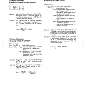 May include: A technical diagram with German and English text, detailing hydraulic outputs, stroking times of cylinders, and speeds of hydraulic motors. Includes formulas, examples, and measurements in liters, cm&sup3;/U, and min⁻&sup1;.
