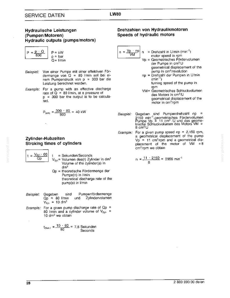 May include: A technical diagram with German and English text, detailing hydraulic outputs, stroking times of cylinders, and speeds of hydraulic motors. Includes formulas, examples, and measurements in liters, cm&sup3;/U, and min⁻&sup1;.