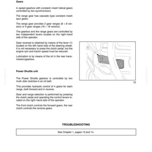 May include: A technical document page titled SECTION 21 - TRANSMISSIONS - CHAPTER 2, containing text about gears and power shuttle units. It includes a line drawing of a tractor gear lever labelled with the number 1 and the page number 10.