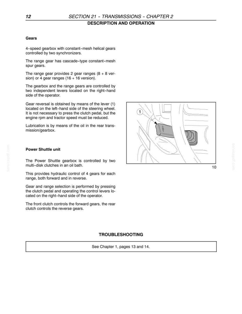 May include: A technical document page titled SECTION 21 - TRANSMISSIONS - CHAPTER 2, containing text about gears and power shuttle units. It includes a line drawing of a tractor gear lever labelled with the number 1 and the page number 10.