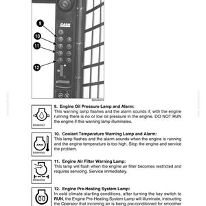 May include: Diagram of a control panel with numbered indicator lights and warning symbols. Includes engine oil pressure, coolant temperature, engine air filter, and engine pre-heating system lamps. Text explains each lamp's function.
