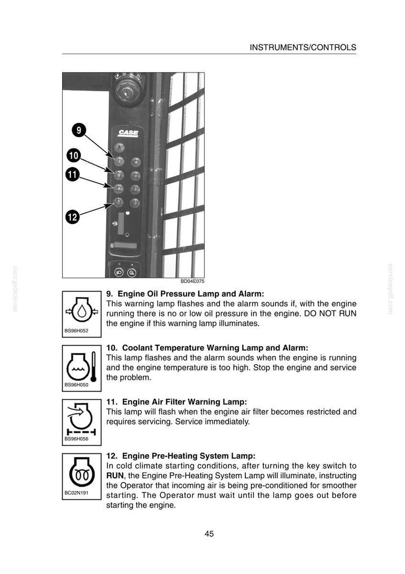 May include: Diagram of a control panel with numbered indicator lights and warning symbols. Includes engine oil pressure, coolant temperature, engine air filter, and engine pre-heating system lamps. Text explains each lamp's function.