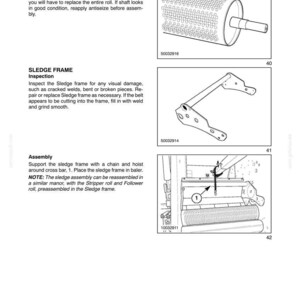 May include: Diagram of machinery parts, including a pivot roll, sledge frame, and assembly instructions. The pivot roll is cylindrical with perforations. The sledge frame is a metal bracket. Text includes inspection details.