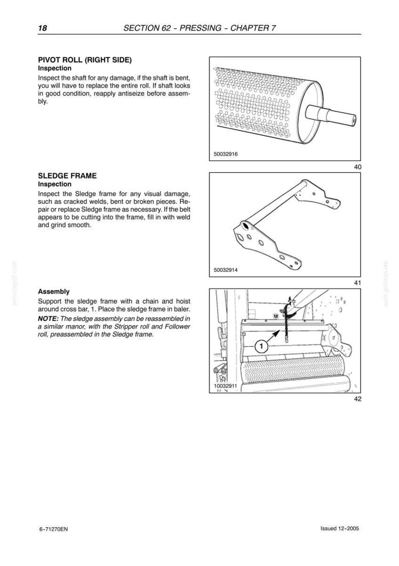 May include: Diagram of machinery parts, including a pivot roll, sledge frame, and assembly instructions. The pivot roll is cylindrical with perforations. The sledge frame is a metal bracket. Text includes inspection details.