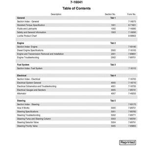 May include: A service manual table of contents for 686G, 686GXR, and 688G Series 2 Telescopic Handlers. The document includes sections on general information, engine, fuel system, electrical, and steering, with corresponding section and form numbers.
