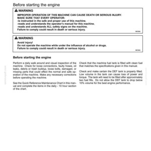 May include: A page from an operating manual with the title "4 - OPERATING INSTRUCTIONS." The text includes warnings about improper operation and avoiding injury. Instructions detail pre-start engine checks and maintenance procedures.