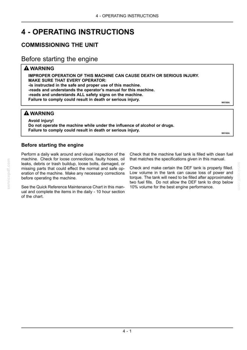 May include: A page from an operating manual with the title "4 - OPERATING INSTRUCTIONS." The text includes warnings about improper operation and avoiding injury. Instructions detail pre-start engine checks and maintenance procedures.