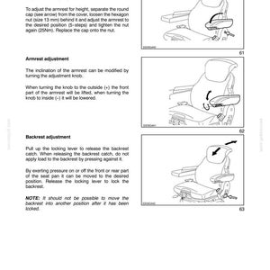 K&ouml;nnte beinhalten: Eine Seite aus einem technischen Handbuch mit dem Titel SECTION 2 - CONTROLS, INSTRUMENTS AND OPERATION. Sie enth&auml;lt drei schwarz-wei&szlig;e Strichzeichnungen eines Sitzes, die die Armlehnenh&ouml;henverstellung, Armlehnenneigung und R&uuml;ckenlehnenverstellung zeigen.