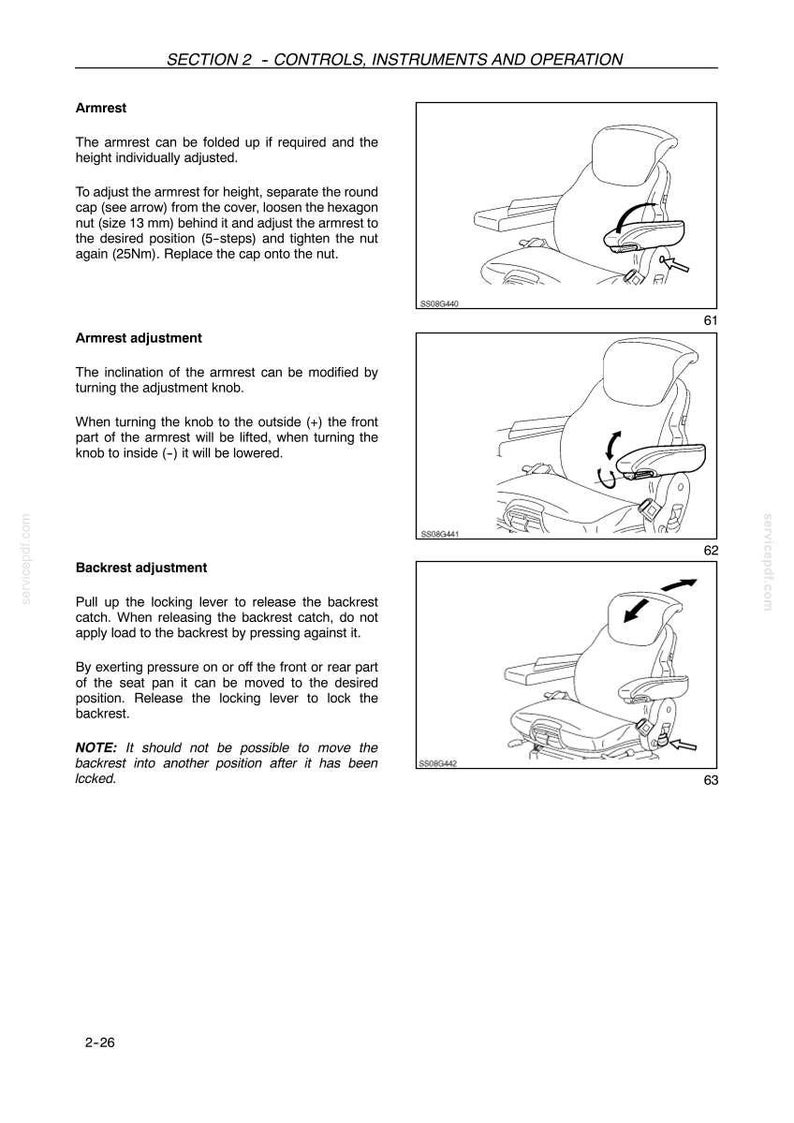 K&ouml;nnte beinhalten: Eine Seite aus einem technischen Handbuch mit dem Titel SECTION 2 - CONTROLS, INSTRUMENTS AND OPERATION. Sie enth&auml;lt drei schwarz-wei&szlig;e Strichzeichnungen eines Sitzes, die die Armlehnenh&ouml;henverstellung, Armlehnenneigung und R&uuml;ckenlehnenverstellung zeigen.