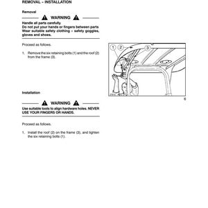 May include: A technical manual page titled Section 90 - Cab, Platform, and Bodywork - Chapter 3, detailing the safety frame roof removal and installation process. It includes warning text, numbered steps, and a line drawing of a vehicle roof.
