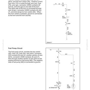 May include: A technical document page titled Section 6 - Electrical System, featuring two wiring diagrams. The top diagram shows the Horn Circuit with fuse F6, horn B10, and switch S4. The bottom diagram displays the Fuel Pump Circuit with fuse F8, alternator G1, and fuel pump M2.