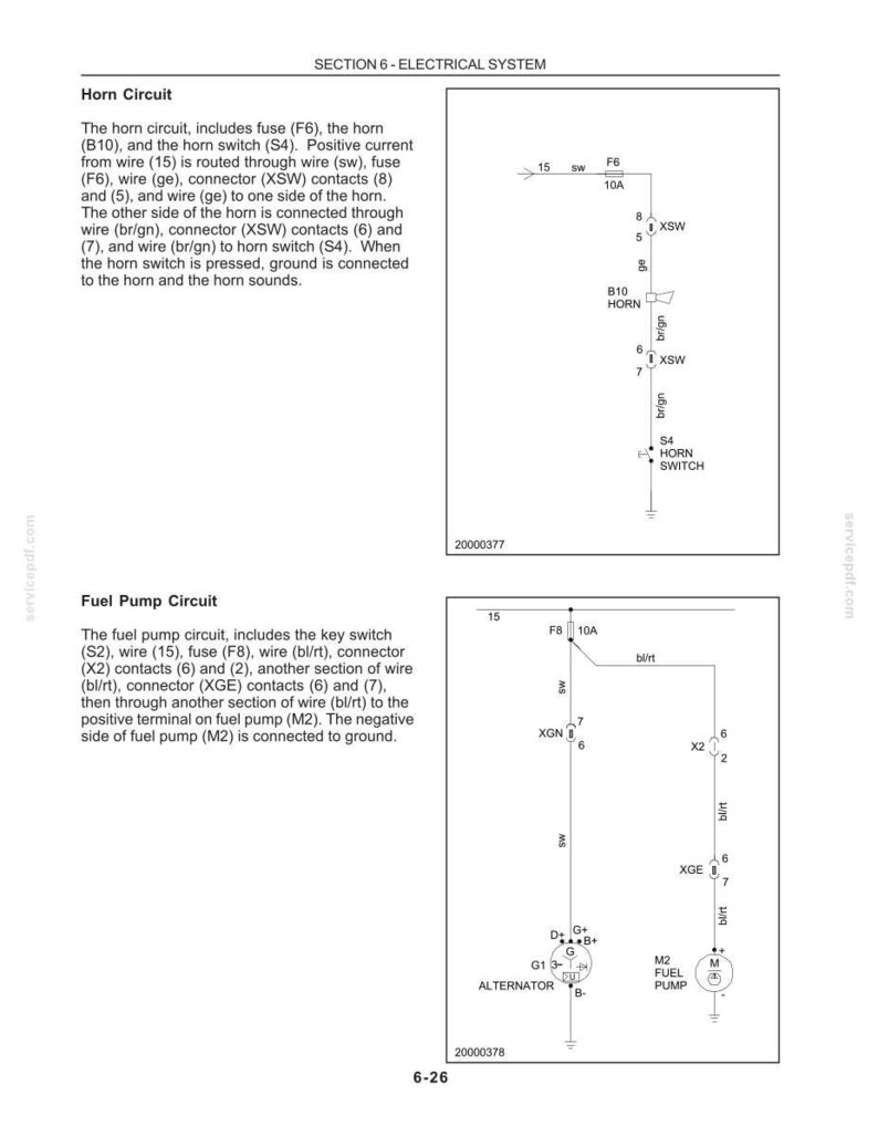 May include: A technical document page titled Section 6 - Electrical System, featuring two wiring diagrams. The top diagram shows the Horn Circuit with fuse F6, horn B10, and switch S4. The bottom diagram displays the Fuel Pump Circuit with fuse F8, alternator G1, and fuel pump M2.