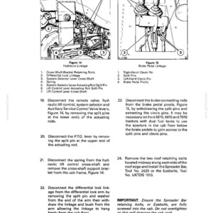 May include: Diagrams of Ford tractor safety cabs and platforms, with detailed illustrations of hydraulic linkage and brake pedal linkage. Includes labels for components like retaining bolts, split pins, and levers, with instructions for maintenance and repair.