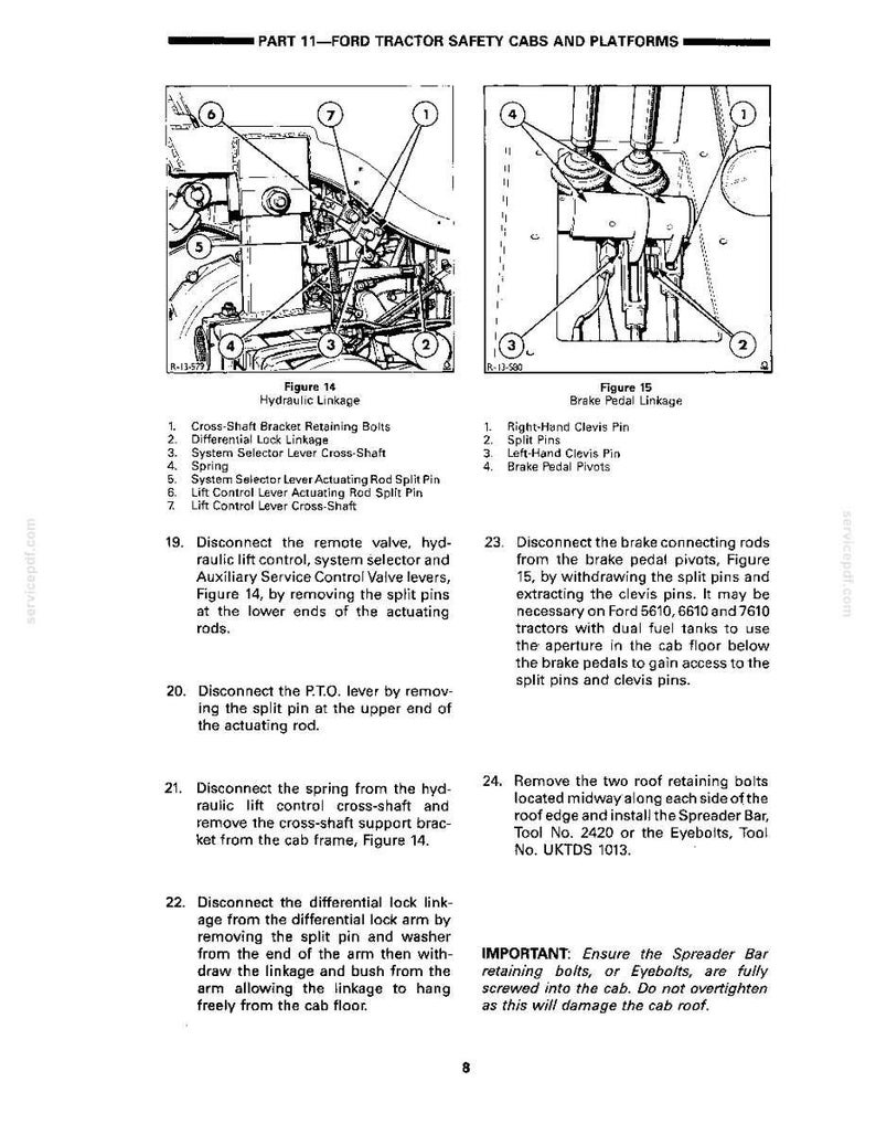 May include: Diagrams of Ford tractor safety cabs and platforms, with detailed illustrations of hydraulic linkage and brake pedal linkage. Includes labels for components like retaining bolts, split pins, and levers, with instructions for maintenance and repair.