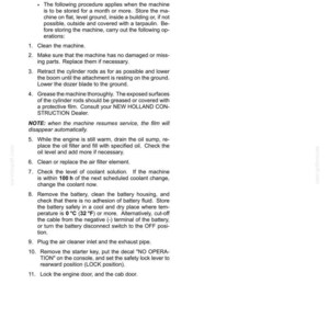 May include: A technical document page titled 6-MAINTENANCE, detailing procedures for preparing machinery for storage. The text includes eleven numbered steps covering cleaning, greasing, oil changes, battery removal, and locking mechanisms for equipment.
