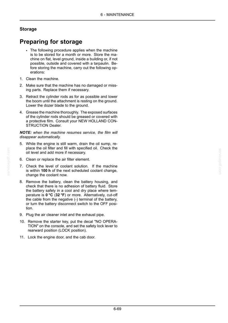 May include: A technical document page titled 6-MAINTENANCE, detailing procedures for preparing machinery for storage. The text includes eleven numbered steps covering cleaning, greasing, oil changes, battery removal, and locking mechanisms for equipment.