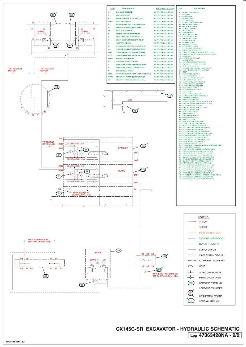 May include: A detailed hydraulic schematic diagram for a CX145C-SR excavator. The diagram includes various components, piping, and connection details, with a legend for easy interpretation. The document is labeled as Lep 47363428NA - 2/2.